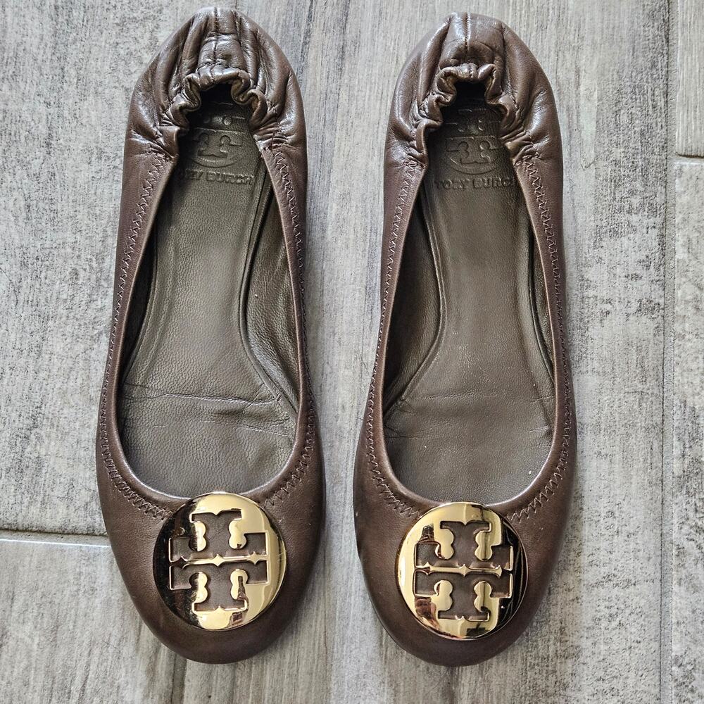 Tory Burch‎ Reva Flats Womens 7.5 Brown Leather Ballet Shoes Classic Logo Chic